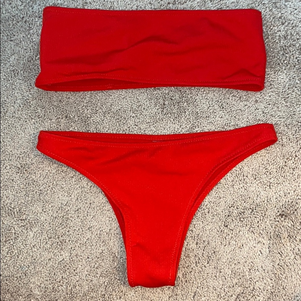 Red Bandeau Bikini With Matching Bottoms